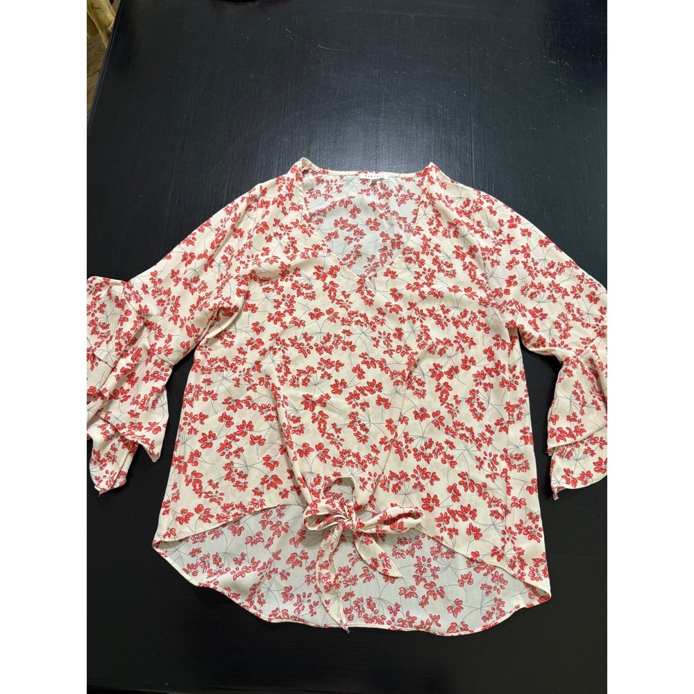 Baevely Red Floral V-Neck‎ Tie Front Ruffle Sleeve Blouse Medium